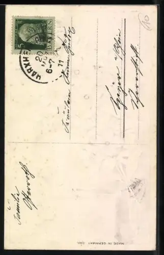 Stoff-Präge-AK Anemonen mit Ornamenten, Geburtstagsgruss