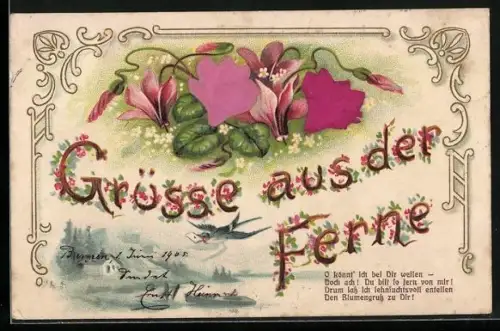 Stoff-Präge-AK Grüsse aus der Ferne, Alpenveilchen aus echtem Stoff