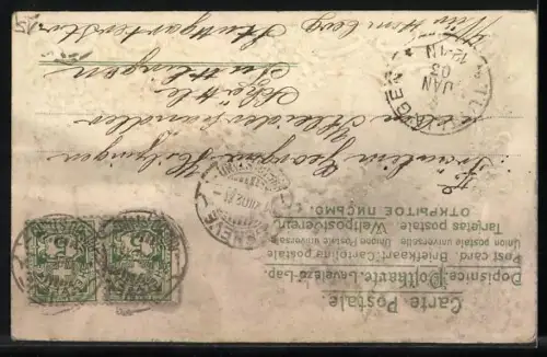 Stoff-Präge-AK Zwei Tauben mit Vergissmeinnicht