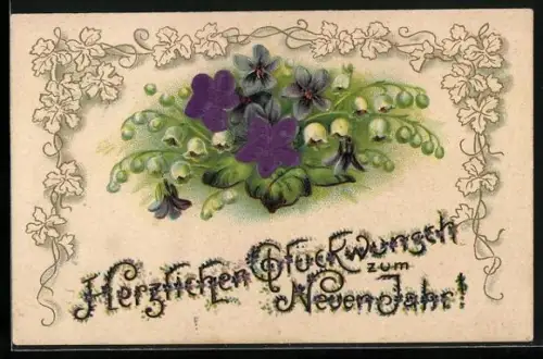 Stoff-Präge-AK lilane Blumen und Maiglöckchen geprägt