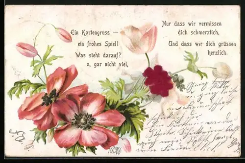 Stoff-Präge-AK Ein Kartengruss, ein frohes Spiel!..., Mohnblumen