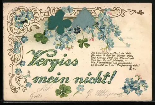 Stoff-Präge-AK Vergiss mein nicht!, Im Sonnengold erglänzt die Welt..., Kleeblätter
