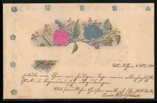 Stoff-Präge-AK Rosafabene und blaue Blume