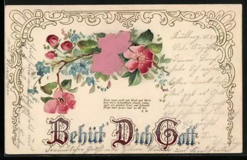 Stoff-Präge-AK Blühender Zweig mit Ornament, Behüt` Dich Gott