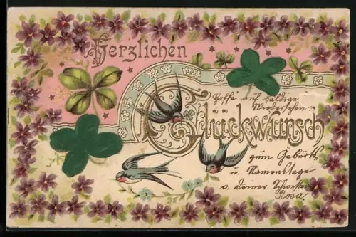 Stoff-Präge-AK Schwalben mit Veilchen und Kleeblättern