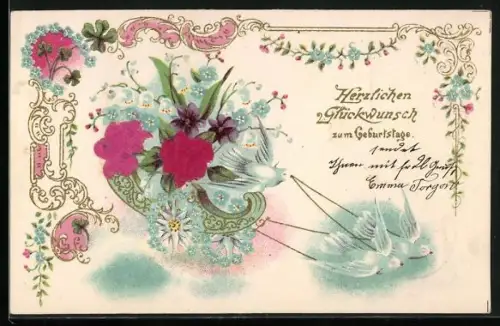 Stoff-Präge-AK Taubengespann mit Blumen, Geburtstagsgruss