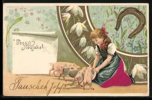 Stoff-Präge-AK Mädchen füttert die Schweine, Prosit Neujahr