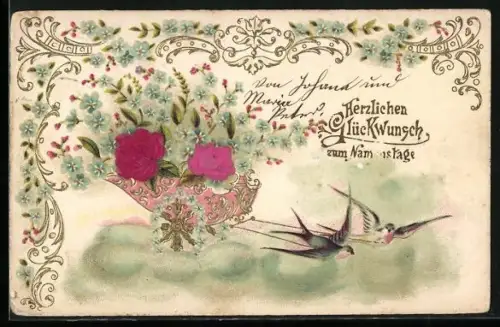 Stoff-Präge-AK Vogelgespann mit Rosen, Glückwunsch zum Namenstag