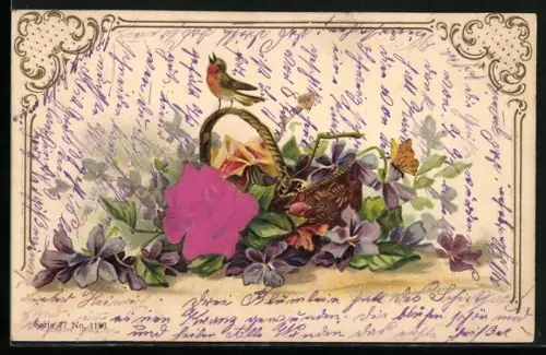 Stoff-Präge-AK Vogel auf einem Blumenkorb mit Schmetterling