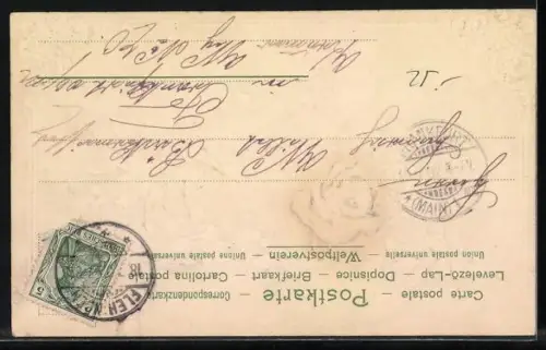 Stoff-Präge-AK Vogel auf einem Blumenkorb mit Schmetterling