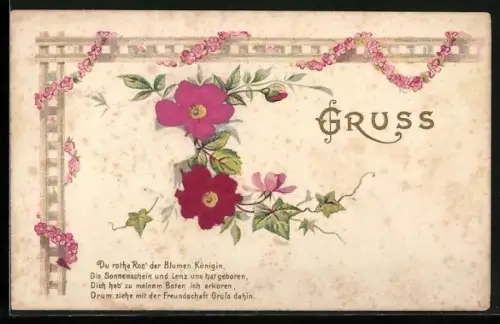 Stoff-Präge-AK Du rote Ros` der Blumen Königin, Die Sonnenschein und Lenz uns hat geboren...