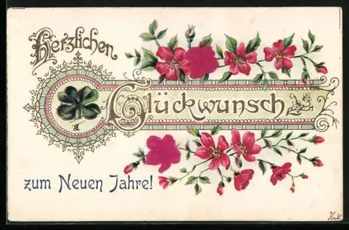 Stoff-Präge-AK Rote Blumen mit einem Kleeblatt, Neujahrsgruss