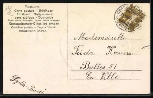 Stoff-Präge-AK Kind mit Briefumschlag im Blumenkorb, Geburtstagsgruss