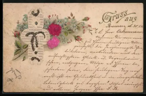 Stoff-Präge-AK Ornament mit Rosen und Vergissmeinnicht