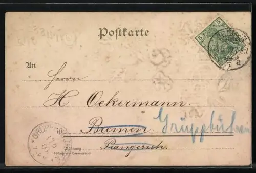 Stoff-Präge-AK Ornament mit Rosen und Vergissmeinnicht