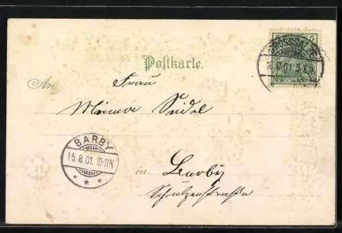 Stoff-Präge-AK Hufeisen aus Vergissmeinnicht mit Rosen