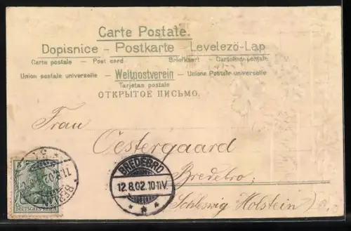 Stoff-Präge-AK Violette Blumen mit Kleeblättern, Geburtstagsgruss