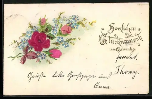 Stoff-Präge-AK Rosen und Vergissmeinnicht, Geburtstagsgruss