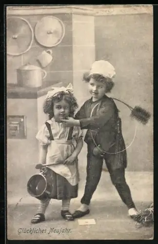 AK Kleiner Schornsteinfeger und kleine Köchin, Glückliches Neujahr