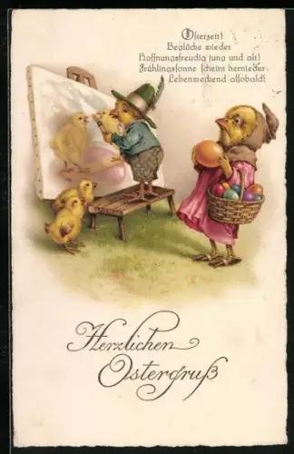 Künstler-AK Osterküken malt ein Portrait, Herzlichen Ostergruss