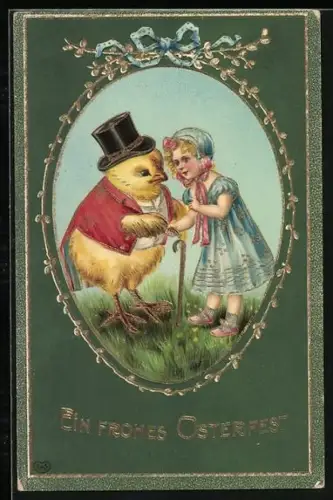 Künstler-AK Mädchen redet mit einem Osterküken, Ein frohes Osterfest