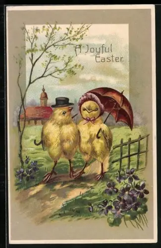 Künstler-AK Verliebtes Osterküken-Paar geht in Frühlingslandschaft spazieren, A Joyful Easter