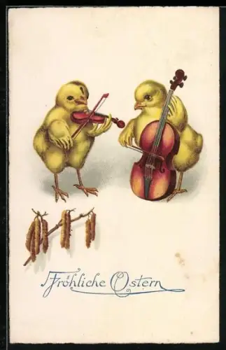 Künstler-AK Osterküken spielen Cello und Violine, Fröhliche Ostern