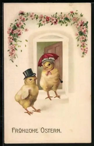 Künstler-AK Zwei Osterküken vor der Tür eines Hauses, Fröhliche Ostern