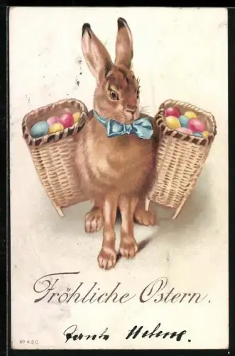 Lithographie Osterhase mit blauer Schleife und zwei Körben voller Ostereier, Fröhliche Ostern