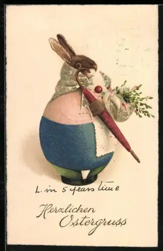 Künstler-AK Ei-förmiger Osterhase mit Schirm, Herzlichen Ostergruss