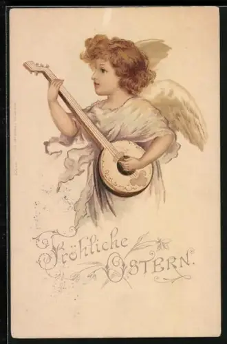Lithographie Osterengel spielt Banjo, Fröhliche Ostern