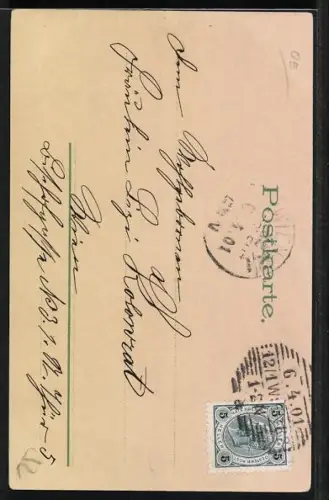 Lithographie Osterengel spielt Banjo, Fröhliche Ostern