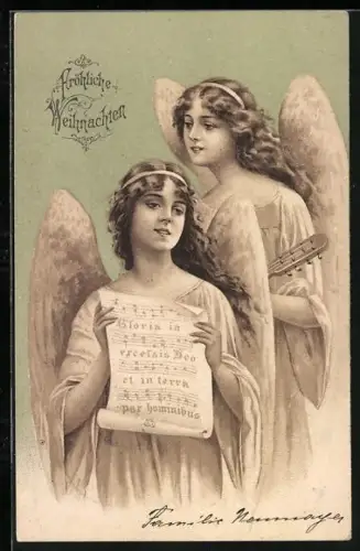Lithographie Zwei Weihnachtsengel singen und musizieren, Fröhliche Weihnachten