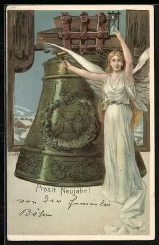 Lithographie Neujahrsengel mit Sanduhr an einer Glocke, Prosit Neujahr