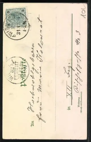 Lithographie Neujahrsengel mit Sanduhr an einer Glocke, Prosit Neujahr