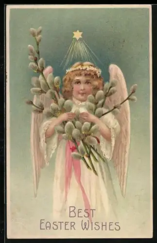 Künstler-AK Osterengel mit Weidenkätzchen, Best Easter Wishes