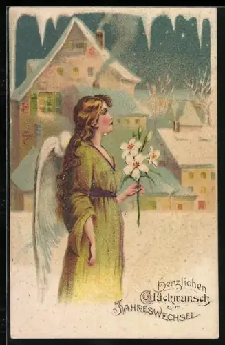 Künstler-AK Neujahrsengel mit weisser Blume in einem verschneiten Ort, Herzlichen Glückwunsch zum Jahreswechsel