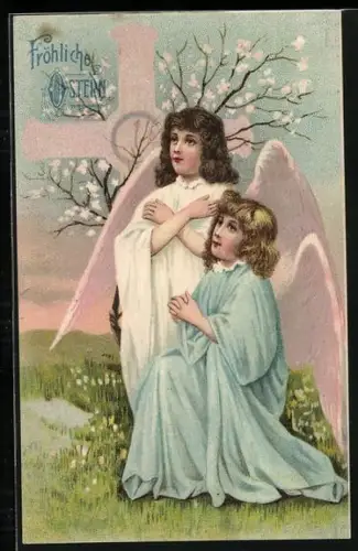 Künstler-AK Betende Osterengel unter Kreuz und blühendem Baum, Fröhliche Ostern