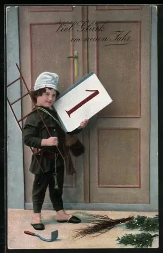 AK Kleiner Schornsteinfeger mit einem Kalenderblatt mit der Zahl 1 vor einer Tür, Neujahr
