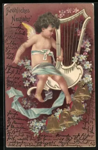 Lithographie Neujahrsengel spielt auf der Harfe, Jahreszahl 1903, Fröhliches Neujahr