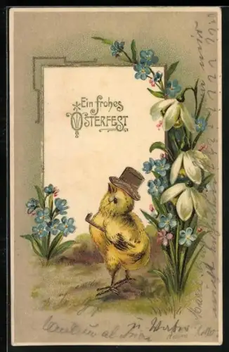 AK Osterküken mit Hut, Gehstock und Monokel zwischen Blumen, Ein frohes Osterfest