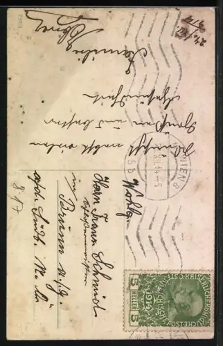 AK Kleiner Schornsteinfeger vor einem Hufeisen mit Mistelzweigen, Viel Glück im neuen Jahr