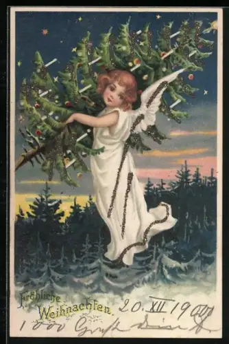 Lithographie Kleiner Weihnachtsengel trägt einen Weihnachtsbaum, Fröhliche Weihnachten