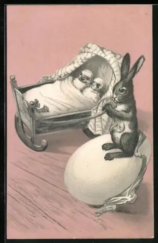 Lithographie Osterhase wiegt zwei Osterküken in ihrem Bett