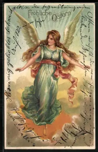 Lithographie Osterengel schwebt im Himmel, Fröhliche Ostern