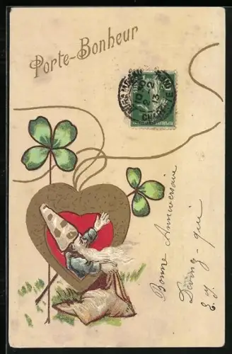 Lithographie Zwerg in einem Herz mit Kleeblättern, Porte-Bonheur