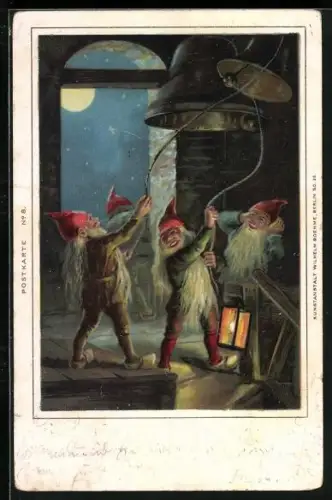 Lithographie Zwerge läuten die Glocken in der Kirche