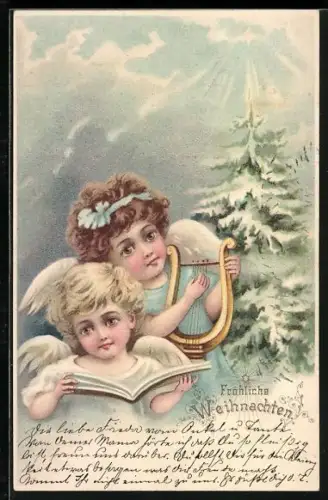Lithographie Weihnachtsengel mit Harfe mit Gesangsbuch, Fröhliche Weihnachten