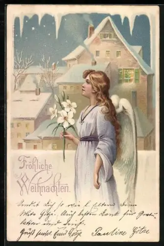 Lithographie Weihnachtsengel in verschneitem Dorf, Fröhliche Weihnachten