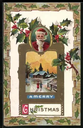 Künstler-AK Porträt des Weihnachtsmanns mit Stechpalmenzweigen, A merry Christmas